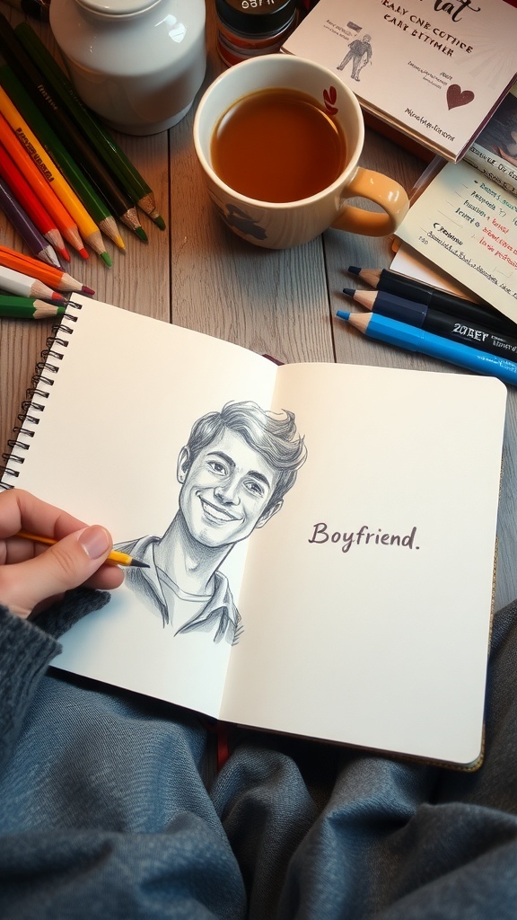 A drawing of a boyfriend in a sketchbook surrounded by art supplies.